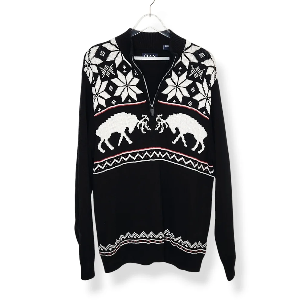 Vintage Chaps Nordic Black 1/4 zip Sweater Fighting Deer Snowflake Mens Large